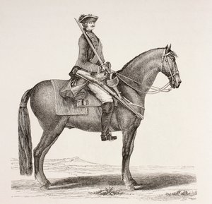 Een 18e-eeuwse Franse cavaleriesoldaat met zijn wapens, uit 